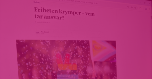 Bild på en skärm med en debattartikel med titeln Friheten krymper - vem tar ansvar.